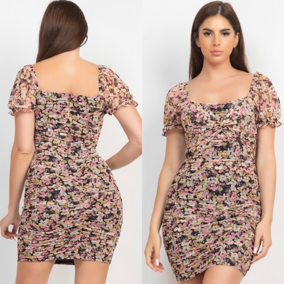 Dresses & Skirts - Floral print overlay mesh dress